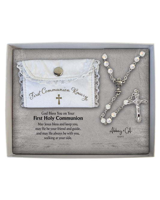 Rosary with a card in a box, suitable for First Holy Communion, on a white background