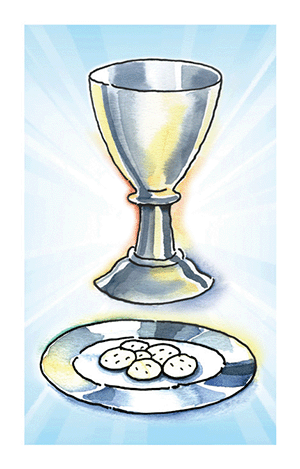Prayer card with colourful illustration of chalice and communion wafers.