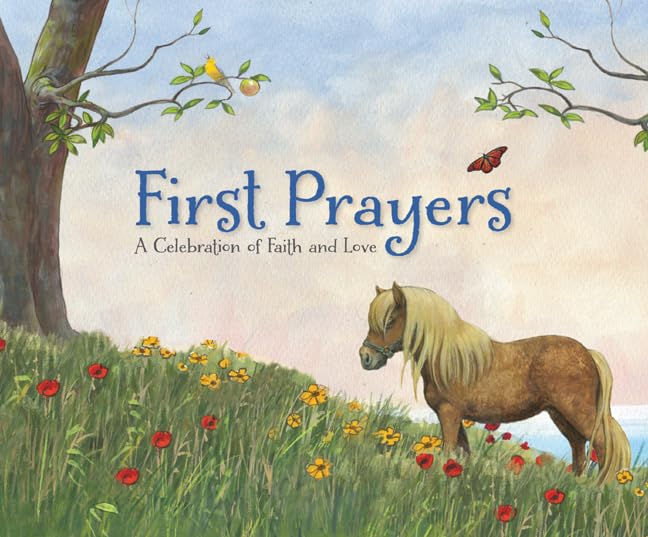 Book cover of 'First Prayers' with a pony in a field and text.