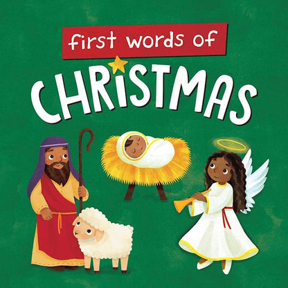 Book cover of 'First Words of Christmas' with illustrations of a shepherd, baby Jesus, and angel on a green background.