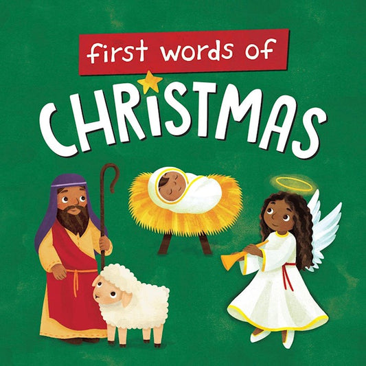 Book cover of 'First Words of Christmas' with illustrations of a shepherd, baby Jesus, and angel on a green background.