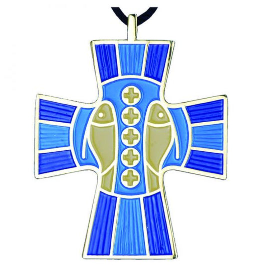 Blue cross pendant with fish symbols on a white background