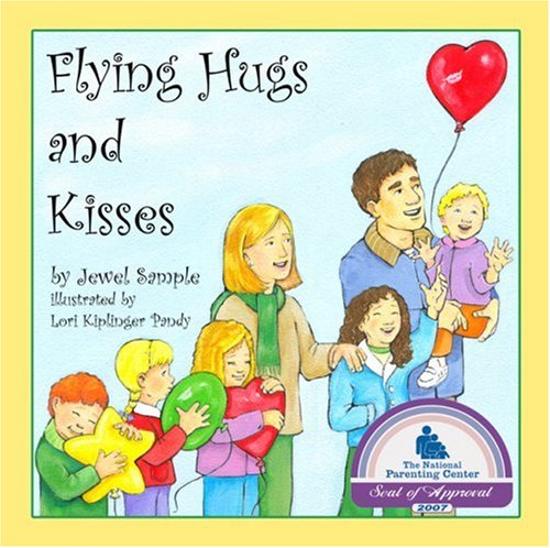 Book cover of 'Flying Hugs and Kisses' with a family illustration and colorful balloons.