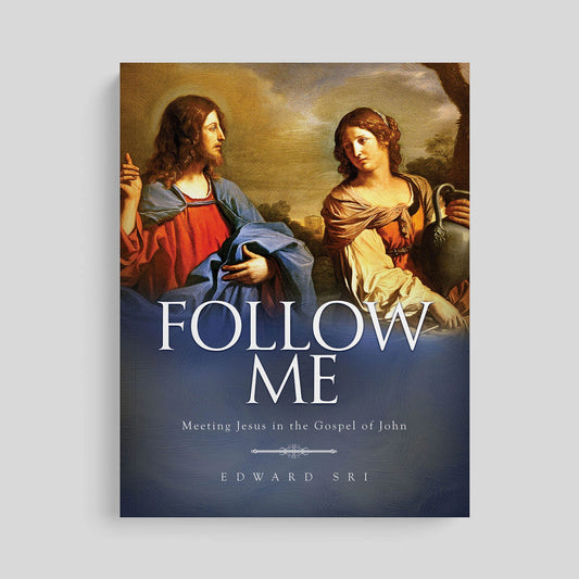 Book cover of 'Follow Me' by Edward Sri featuring classical painting of Jesus and John the Baptist.