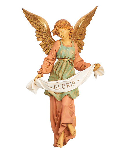 Angel statue holding a 'GLORIA' banner on a white background