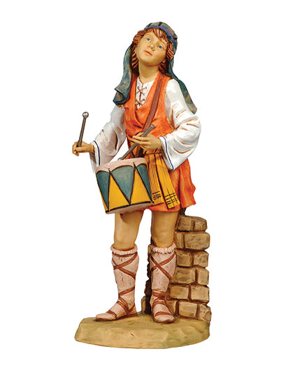 Statue of a drummer character from a nativity scene on a white background