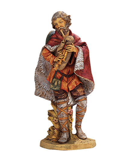 Statue of a figure in historical or fantasy attire holding a bagpipe on a white background