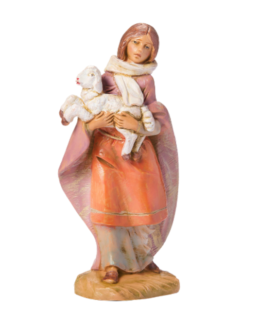 Figure of a woman holding a lamb on a white background