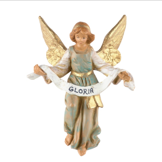 Angel figurine holding a 'GLORIA' banner on a white background