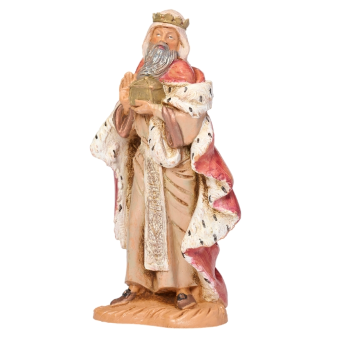 Figure of a bearded man in robes holding a book on a white background