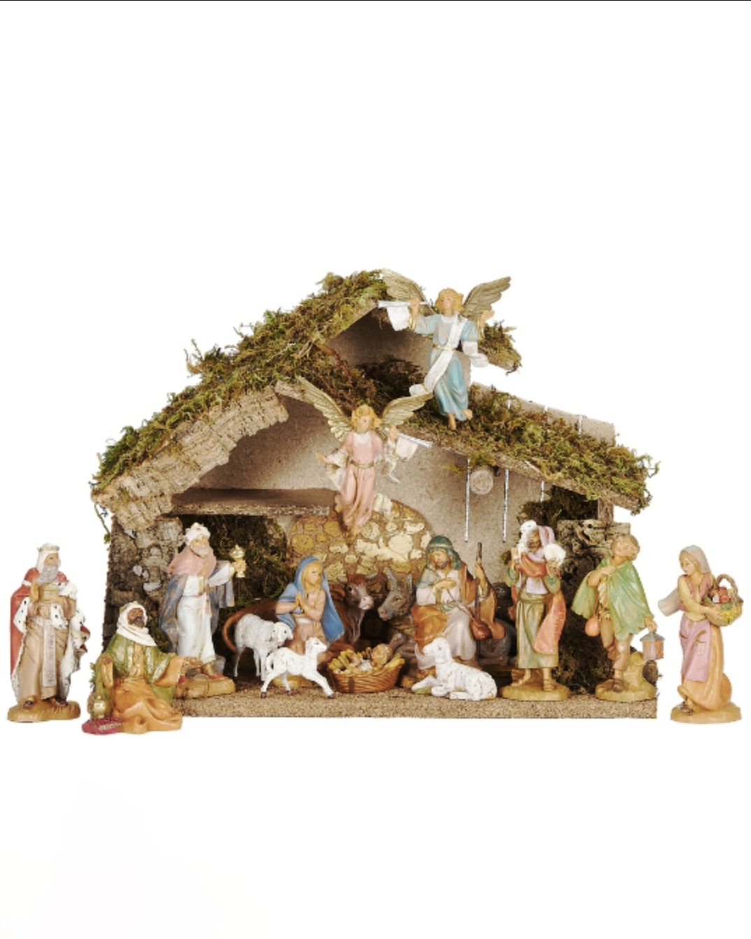Nativity scene with figures and stable on a white background