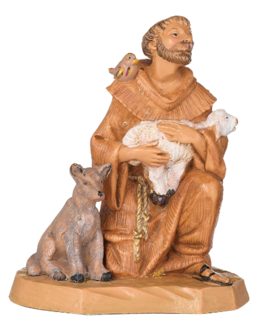 Wooden statue of a saint holding a lamb with two animals on a white background