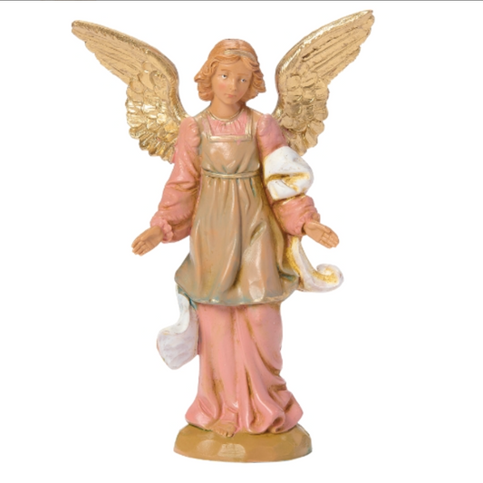 Angel figurine with wings holding a white object on a white background