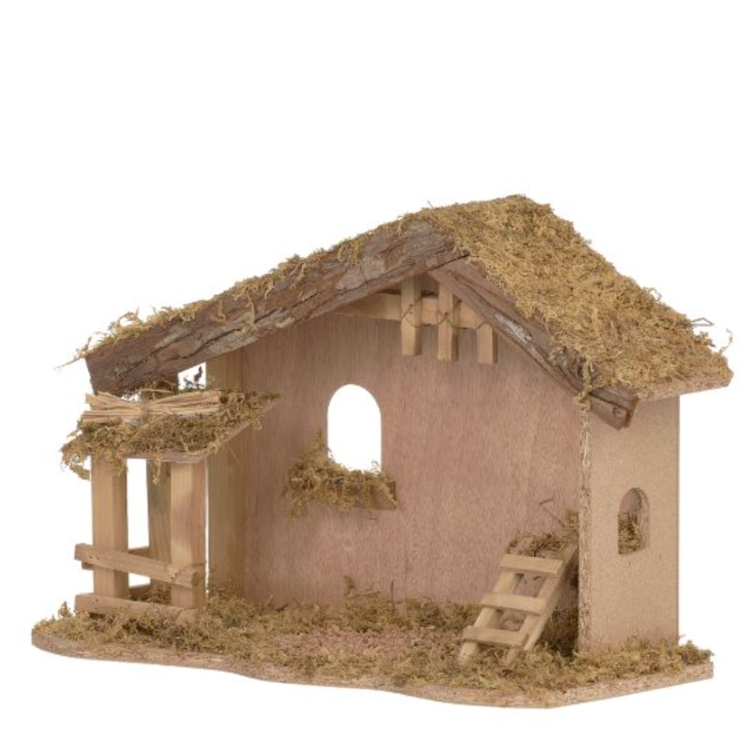 Model of a rustic building with thatched roof and wooden structure on a white background