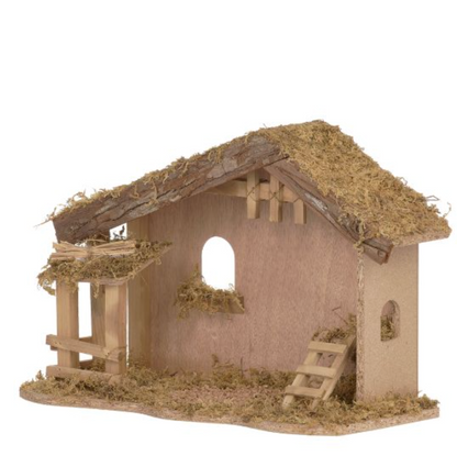 Model of a rustic building with thatched roof and wooden structure on a white background