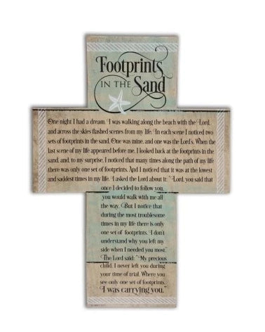Wooden plaque with 'Footprints in the Sand' text and design on a white background