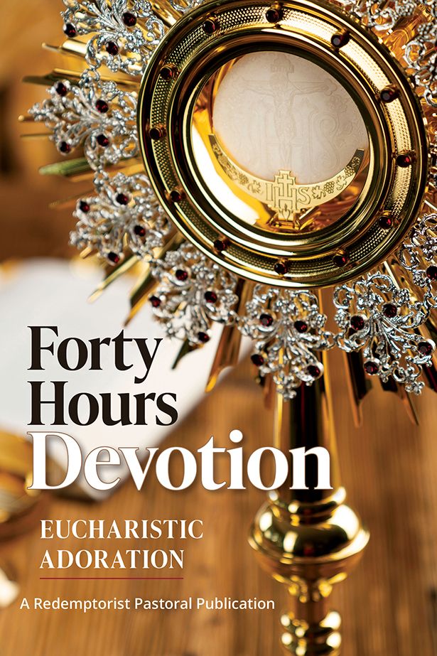 Book cover of 'Forty Hours Devotion' with a gold reliquary on a blurred background
