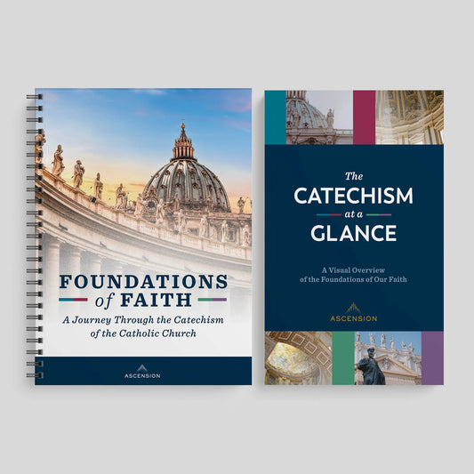 Two books titled 'Foundations of Faith' and 'The Catechism at a Glance' on a light gray background.