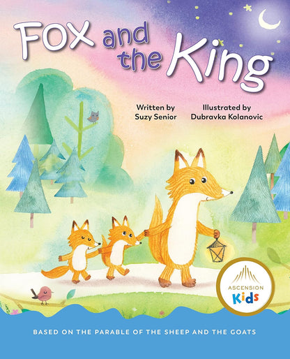 Book cover of 'Fox and the King' with fox illustrations and colorful forest background.