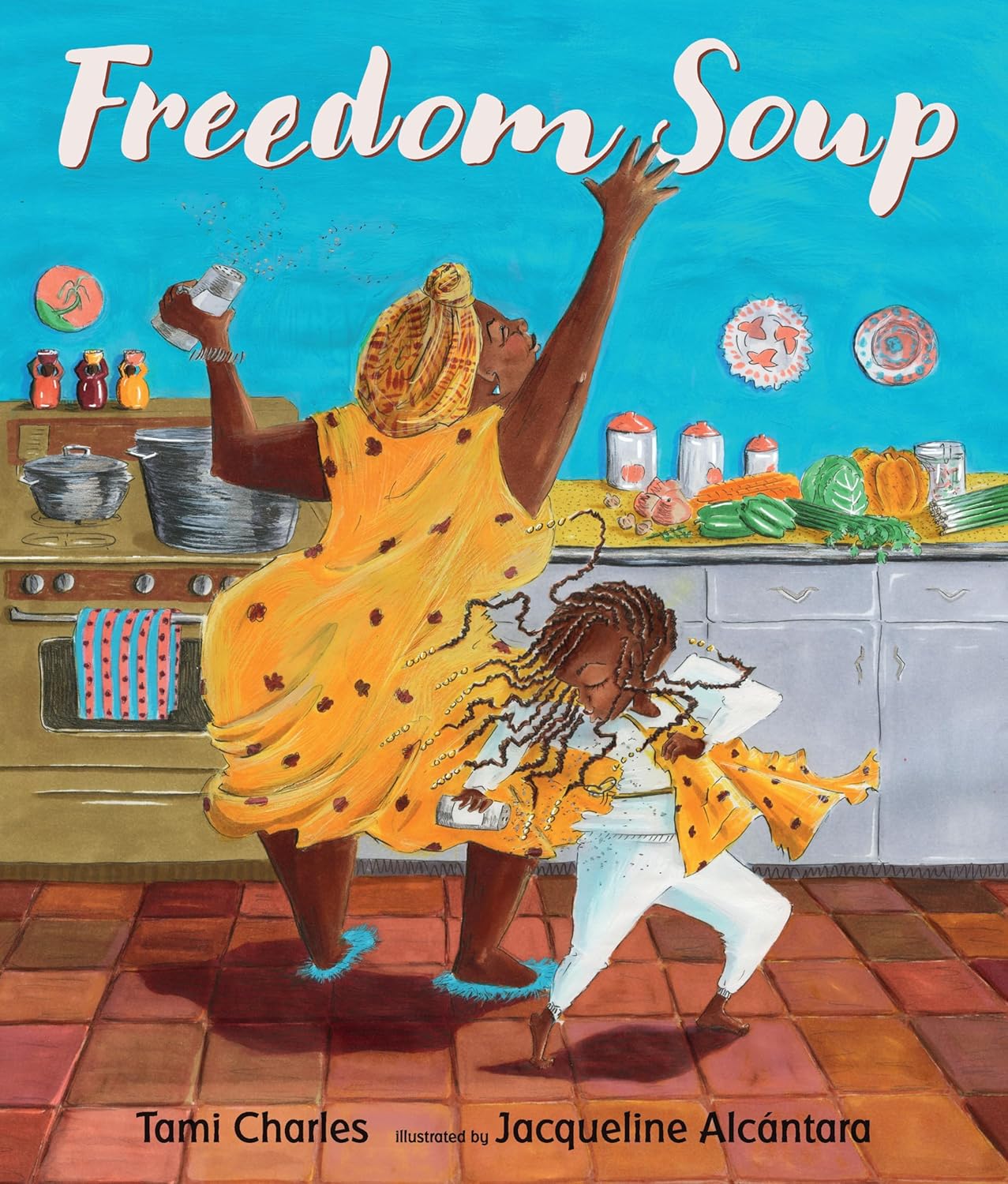 Book cover of 'Freedom Soup' with two figures in a kitchen.