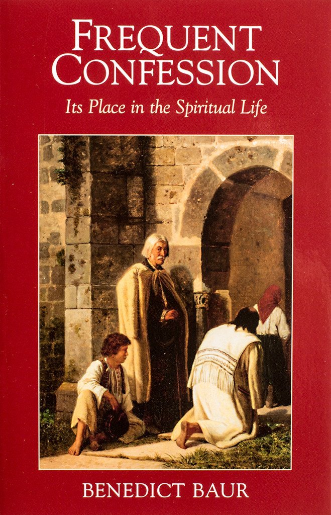 Book cover of 'Frequent Confession' with a painting of people in a religious setting.