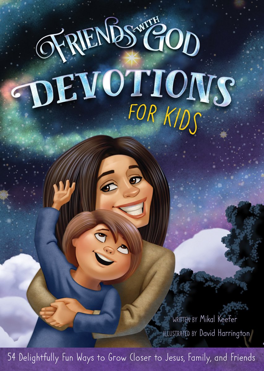 Book cover of 'Friends with God Devotions for Kids' featuring a mother and child against a starry sky.