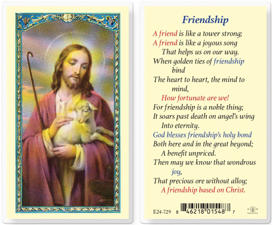 Card with image of a religious figure holding a lamb and text about friendship on a yellow background