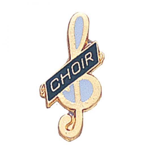 Pin with a gold treble clef and blue ribbon labeled 'Choir' on a white background