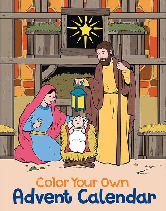 Color Your Own Advent Calendar with nativity scene illustration
