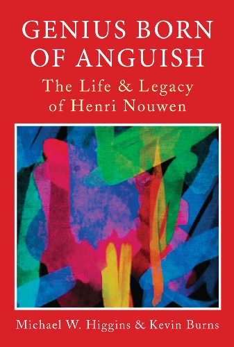 Book cover of 'Genius Born of Anguish: The Life & Legacy of Henri Nouwen' with abstract art design on a red background.