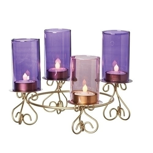 Decorative candle holder with purple and gold candles on a white background