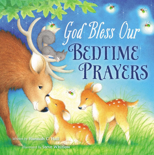 Children's book cover with deer and squirrel in a forest setting and text 'God Bless Our Bedtime Prayers'.