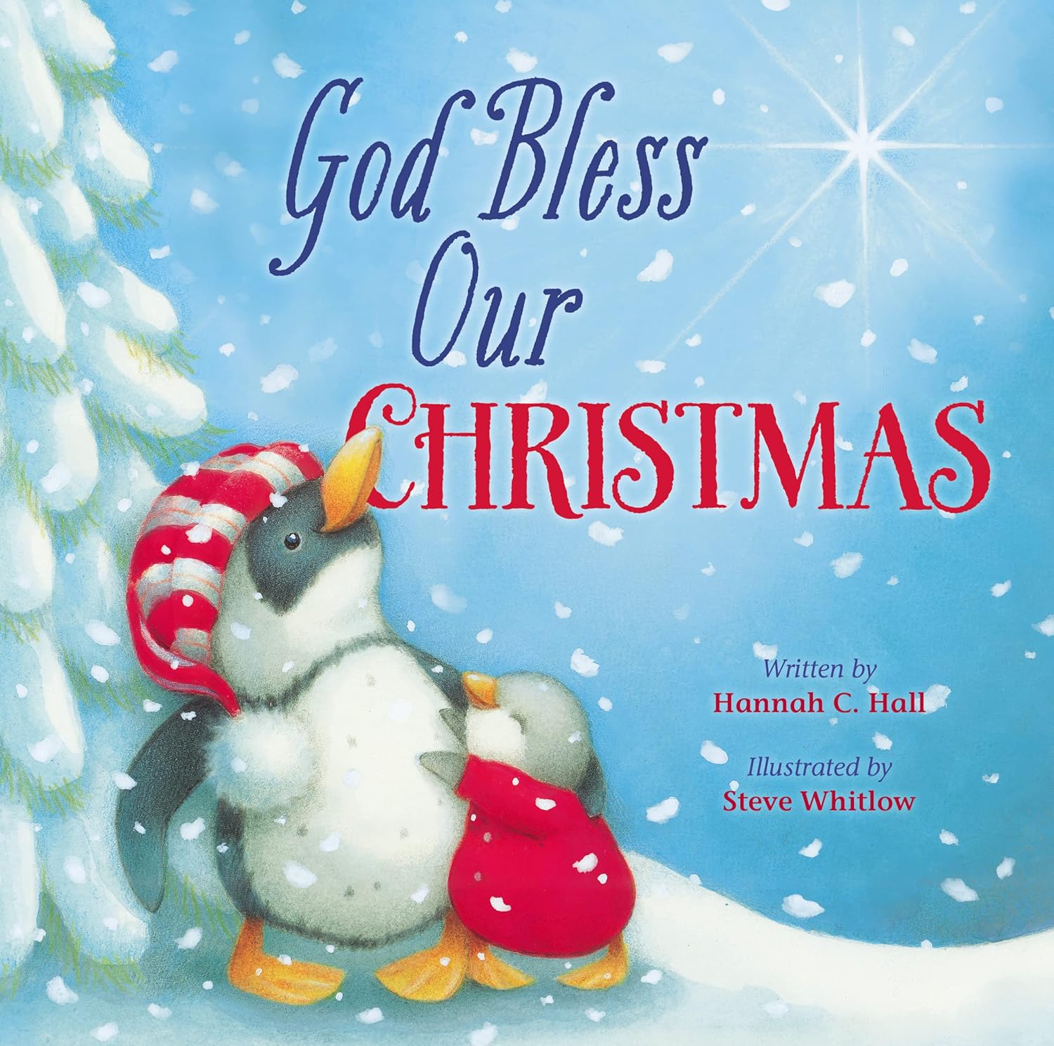 Book cover of 'God Bless Our Christmas' with penguins in a snowy scene