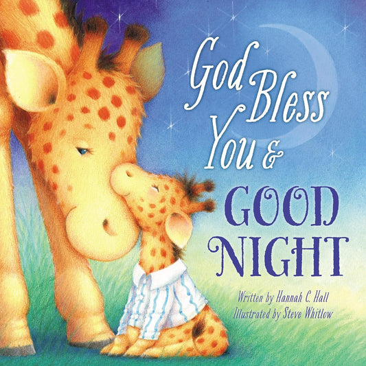 Book cover of 'God Bless You & Good Night' featuring two giraffes on a blue background.