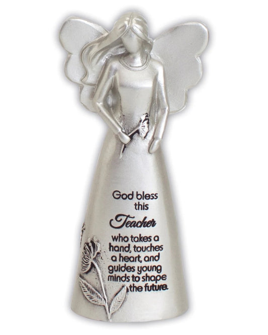 Silver angel figurine with engraved text on a white background