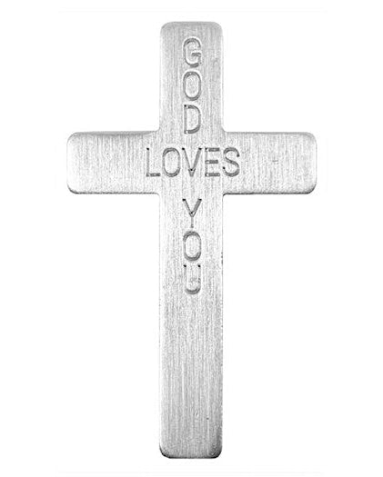 Silver cross pendant with 'GOD LOVES YOU' engraving on a white background