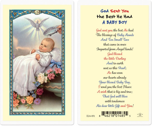 Greeting card with a baby illustration and text on a yellow background