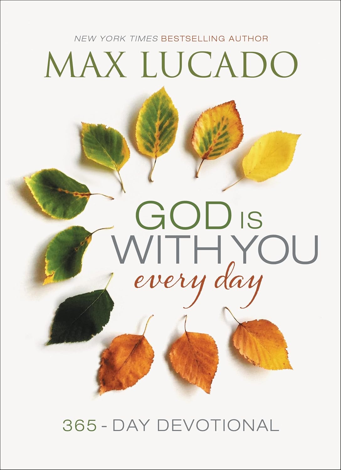 Book cover of 'God is with You Every Day' by Max Lucado with leaves on a white background