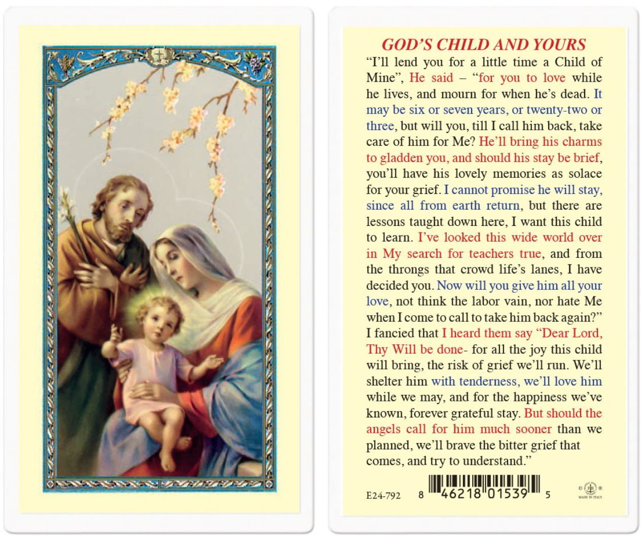 Religious card with illustration of Saint Joseph, Virgin Mary, and child Jesus, and text on a white background.