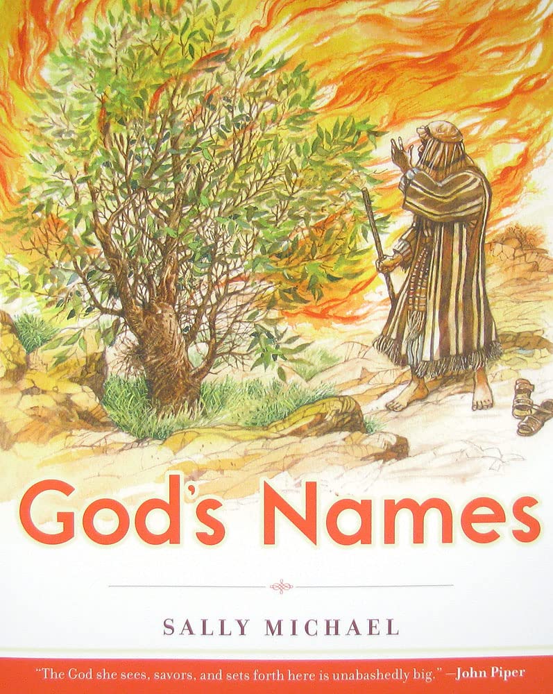 Book cover of 'God's Names' by Sally Michael with a illustration of a person by a tree and flames.