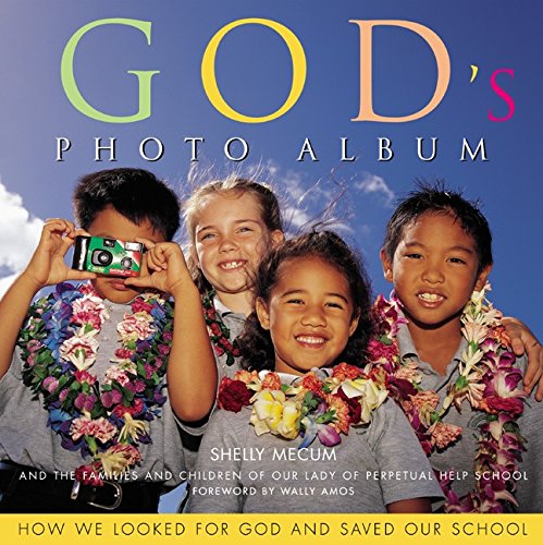 Book cover of 'God's Photo Album' featuring children with flowers and a camera against a blue sky.