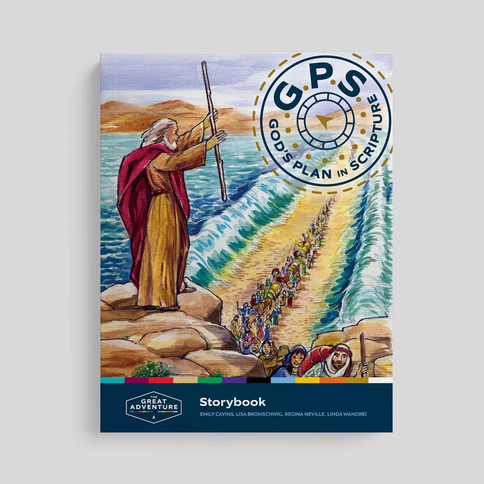 Storybook cover with illustration of Moses and the Israelites crossing the Red Sea, featuring the 'God's Plan in Scripture' logo.