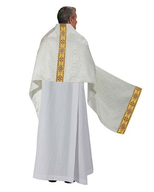 A white humeral veil with a floral damask design and a gold metallic jacquard banding, draped over a mannequin wearing a white robe.
