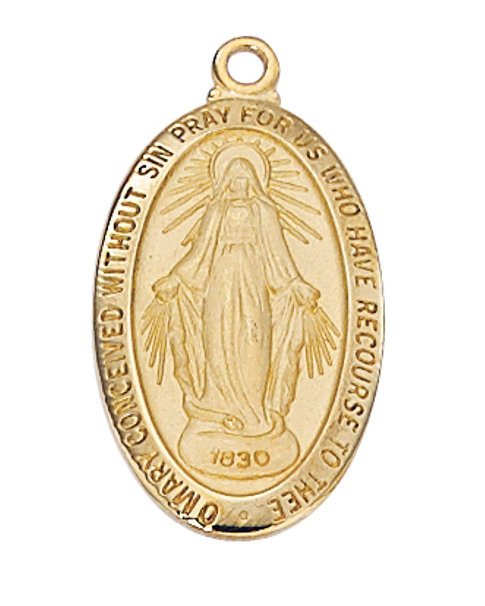 A gold over sterling silver miraculous medal with an 18 inch gold plated chain.