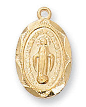 Gold oval pendant with religious design on a white background