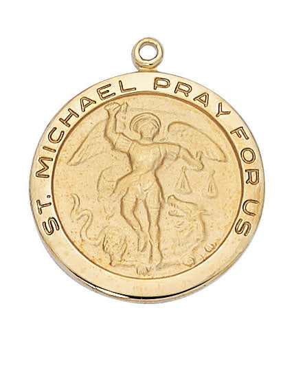Gold St. Michael pendant with 'Pray For Us' text on a white background