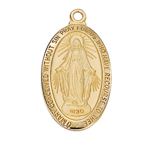 A gold-tone pewter miraculous medal with an image of the Virgin Mary in the center, encased in a clear cover box.