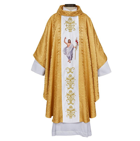 Gold liturgical vestment with white lining and embroidered design on a white background