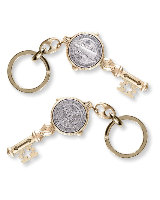 Keychain with gold keys and silver coins on a white background