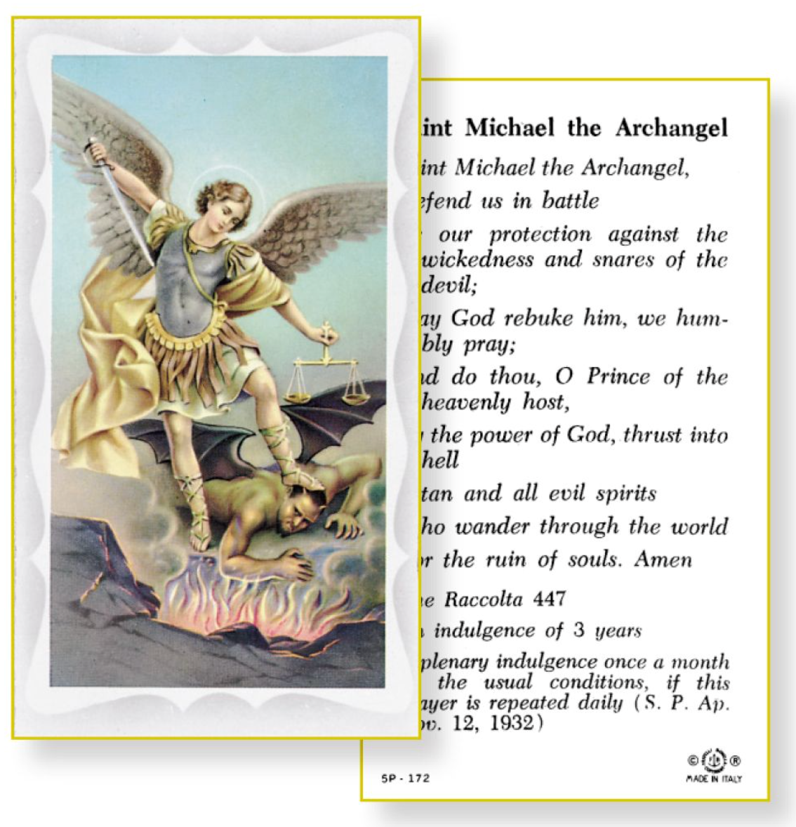 Card featuring Saint Michael the Archangel with text on a white background